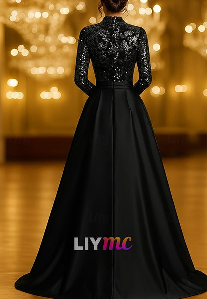 A-Line Floor Length Glittering Long Sleeve High Neck Formal Wedding Pocket Satin