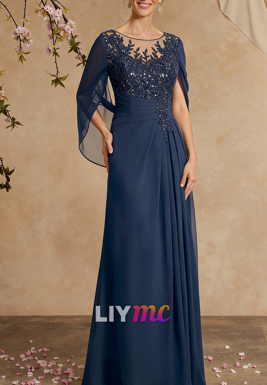 A-Line Illusion Neck Chiffon Mother Of The Bride Dresses With Appliques