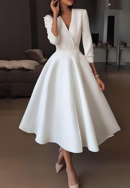 A-Line Long Sleeves Sleek Satin Midi Simple Wedding Dress
