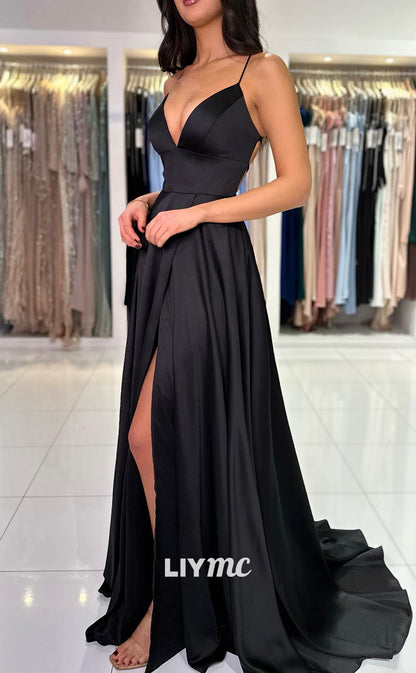 LP1339 -  A-Line Low V Neck Starps Lace-Up Sweep-Length Prom Dress