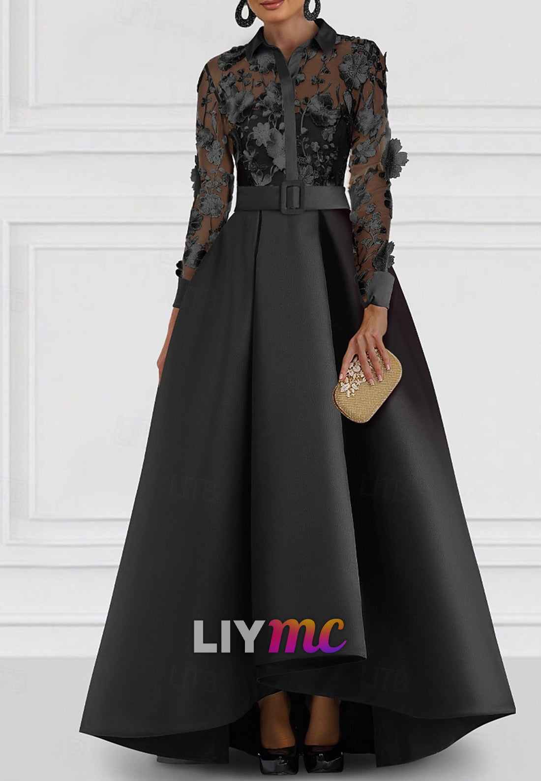 A-Line Mother of the Bride Dress Elegant Shirt Collar Floor Length Satin Lace Long Sleeve with Embroidery