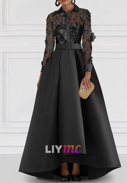 A-Line Mother of the Bride Dress Elegant Shirt Collar Floor Length Satin Lace Long Sleeve with Embroidery