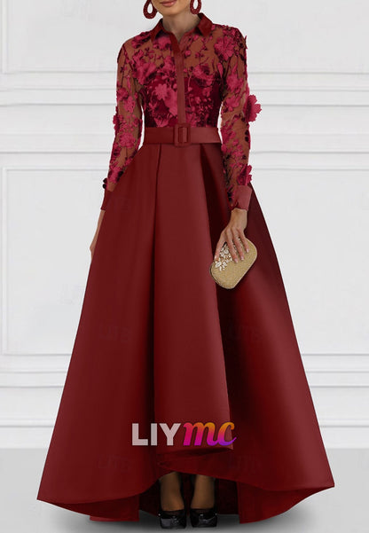A-Line Mother of the Bride Dress Elegant Shirt Collar Floor Length Satin Lace Long Sleeve with Embroidery