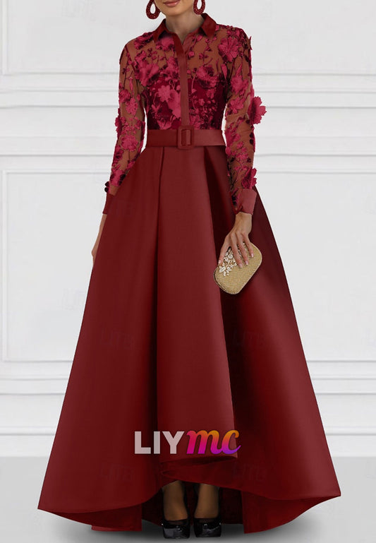A-Line Mother of the Bride Dress Elegant Shirt Collar Floor Length Satin Lace Long Sleeve with Embroidery