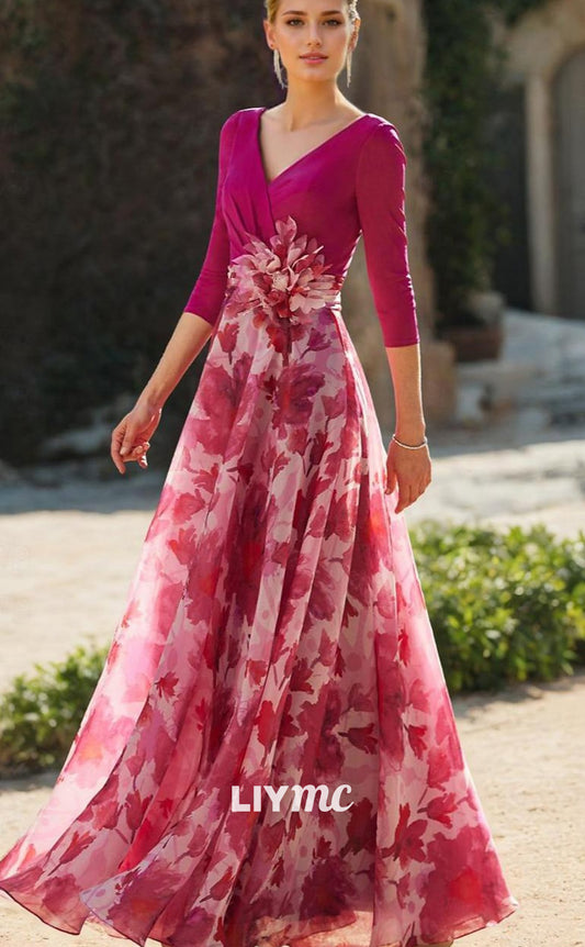 M1005 - A-Line Mother of the Bride Dress Floral V Neck Floor Length Chiffon 34 Length Sleeve