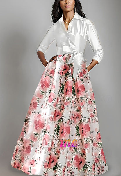 A-Line Mother of the Bride Dress Floral Print Shirt Dress Elegant Bow Pleats Floor Length Shirt Collar Satin