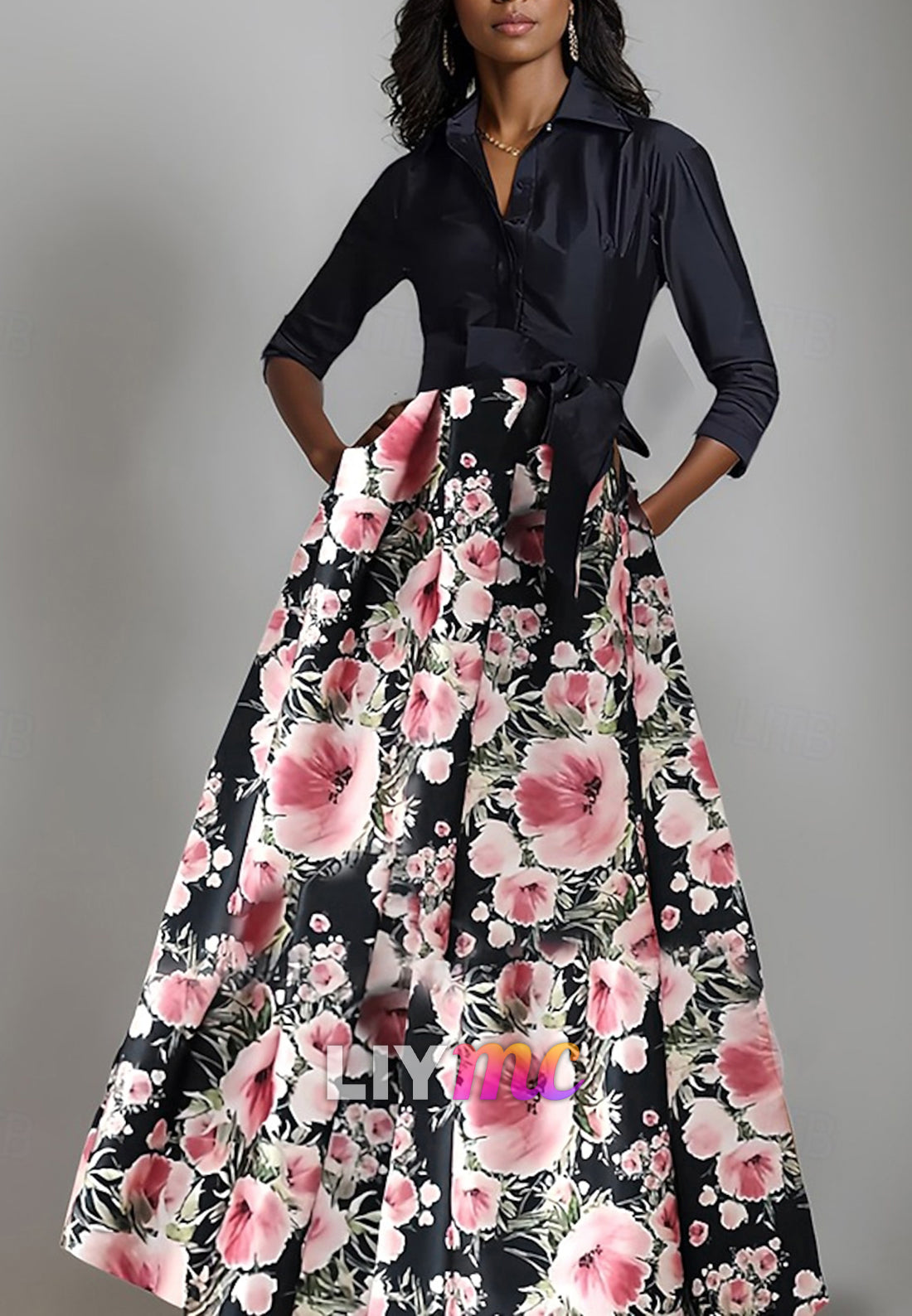 A-Line Mother of the Bride Dress Floral Print Shirt Dress Elegant Bow Pleats Floor Length Shirt Collar Satin