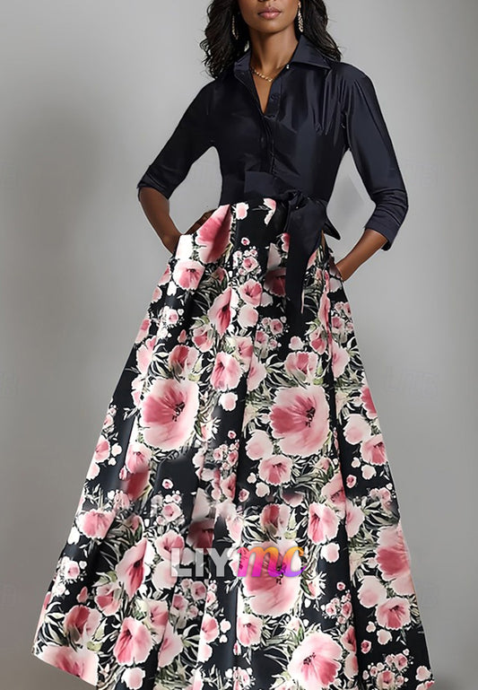 A-Line Mother of the Bride Dress Floral Print Shirt Dress Elegant Bow Pleats Floor Length Shirt Collar Satin