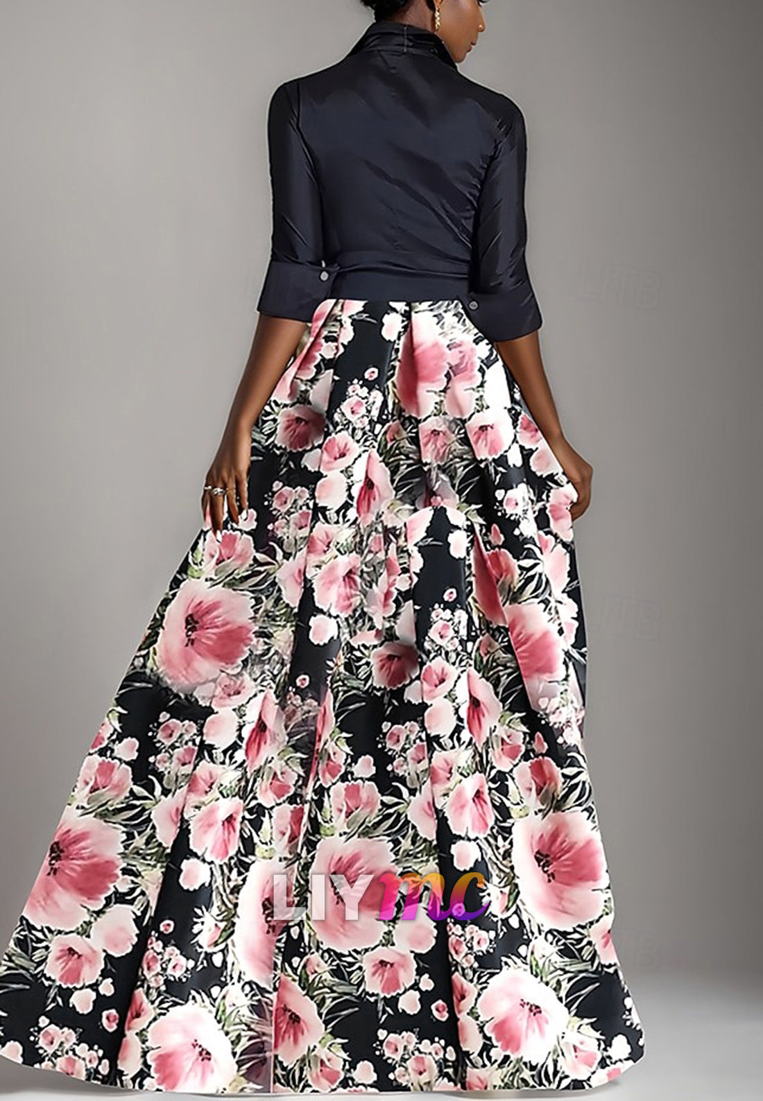 A-Line Mother of the Bride Dress Floral Print Shirt Dress Elegant Bow Pleats Floor Length Shirt Collar Satin