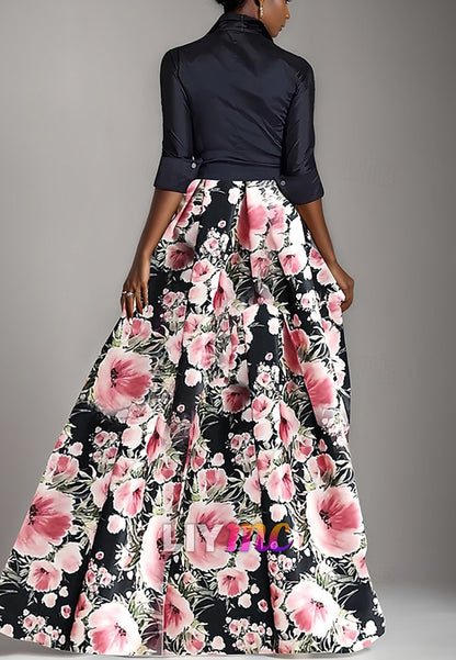 A-Line Mother of the Bride Dress Floral Print Shirt Dress Elegant Bow Pleats Floor Length Shirt Collar Satin
