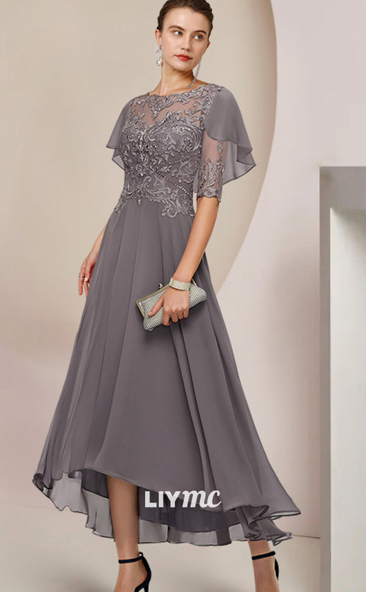 M1018 - A-Line Wedding Guest Elegant Scoop Asymmetrical Half Sleeve with Beading Appliques