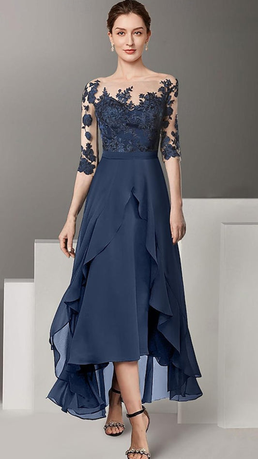 M1064 - A-Line Mother of the Bride Dress High Low Off Shoulder Lace Half Sleeve with Pleats Appliques