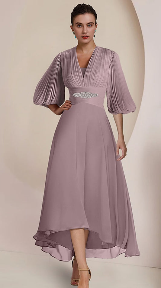 M1057 - A-Line Mother of the Bride Dress  V Neck Tea Length Chiffon 34 Length Sleeve with Pleats