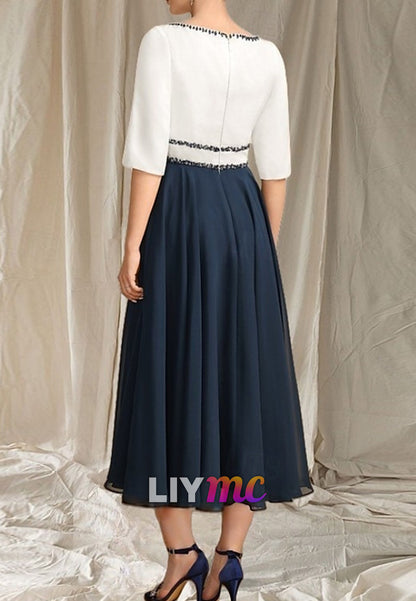 A-Line Mother of the Bride Dress Wedding Guest Elegant Crew Neck Tea Length Chiffon