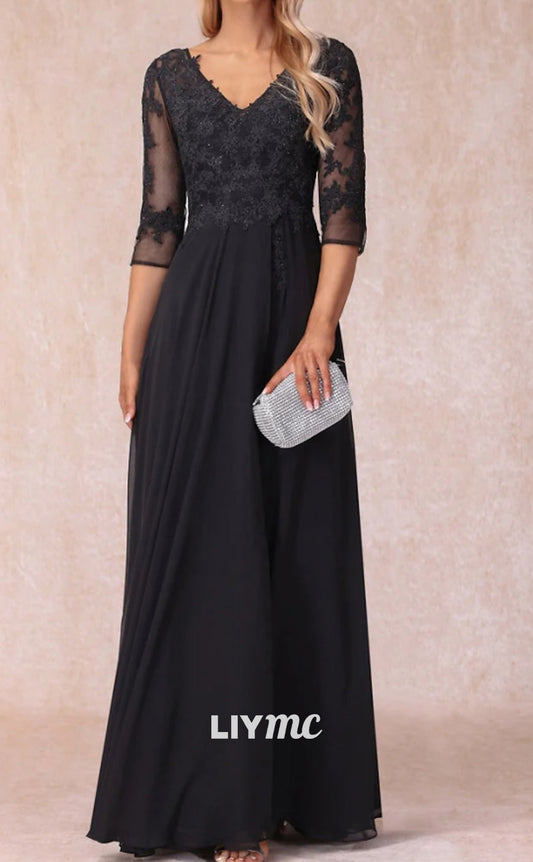 M1091 - A-Line Mother of the Bride Dress Wedding Guest Elegant V Neck Floor Length Chiffon Lace 34 Length Sleeve