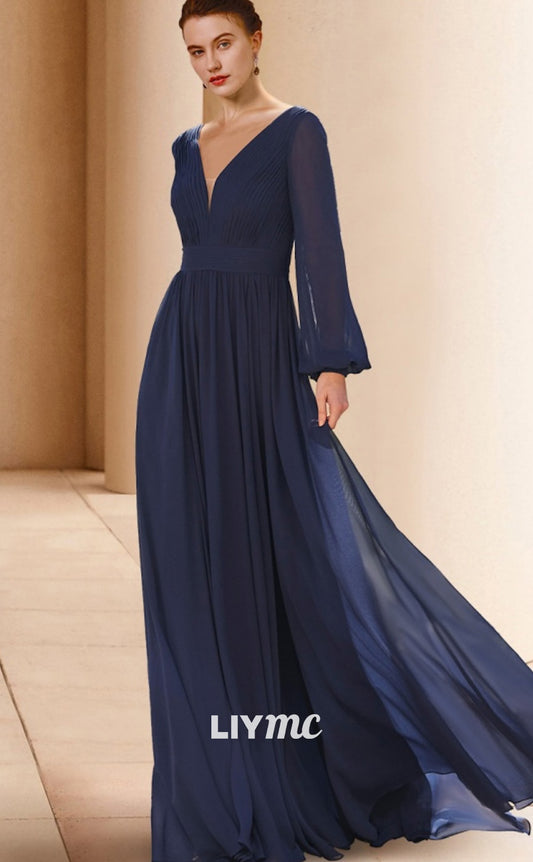 M1089 - A-Line Mother of the Bride Dress Wedding Guest Elegant V Neck Floor Length Chiffon Long Sleeve