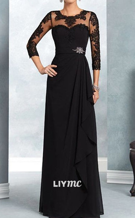 M1031 - A-Line Mother of the Bride Dress Wedding Guest Appliques Sheer 34 Length Sleeves