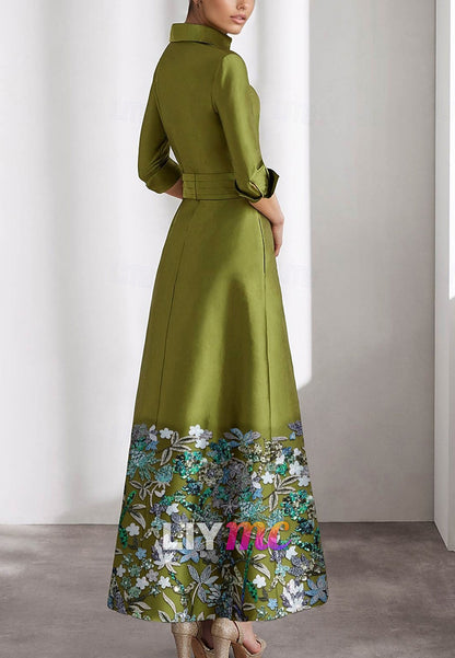 A-Line Mother of the Bride Elegant Dress Formal Floor Length Long Sleeve Shirt Collar Pocket Satin