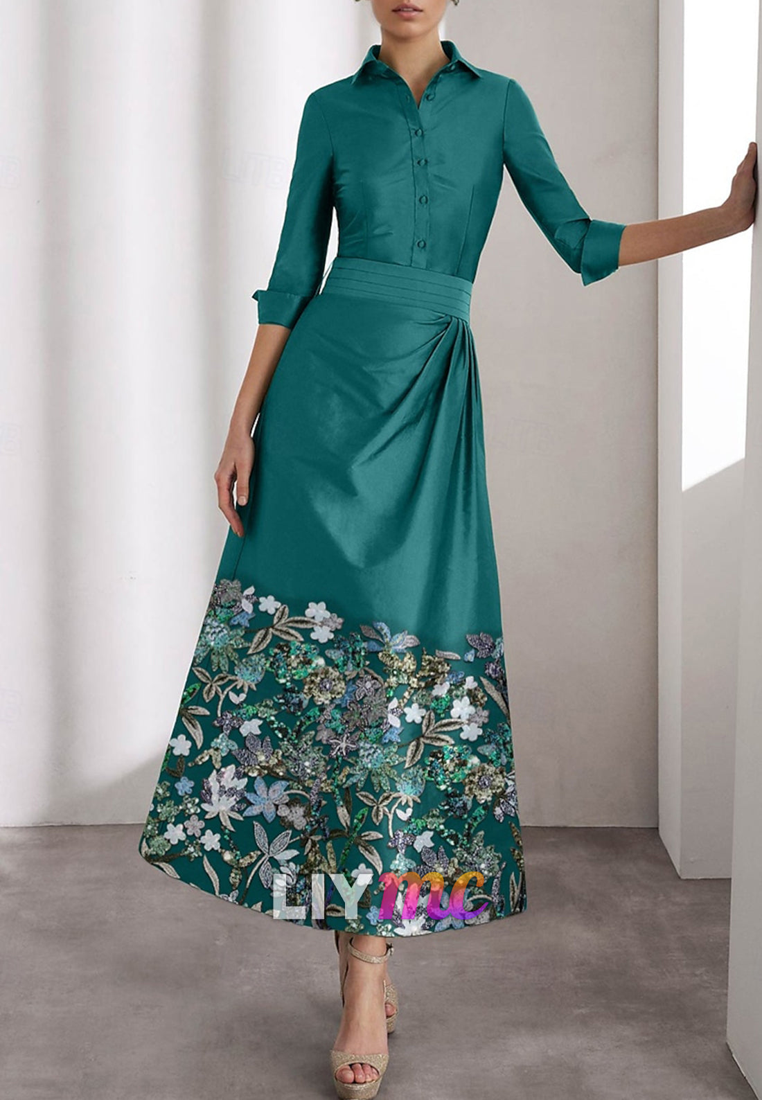 A-Line Mother of the Bride Elegant Dress Formal Floor Length Long Sleeve Shirt Collar Pocket Satin