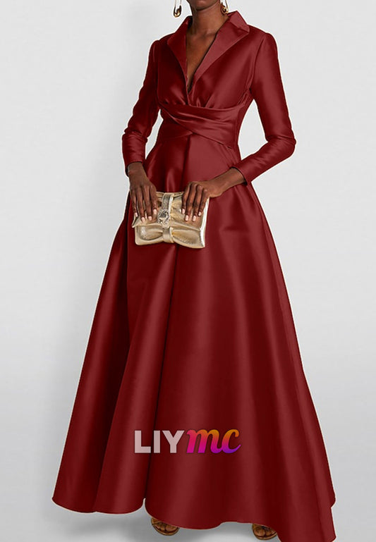 A-Line Mother of the Bride Evening Gown Elegant Dress Tuxedo Floor Length Long Sleeve Shirt Collar Satin