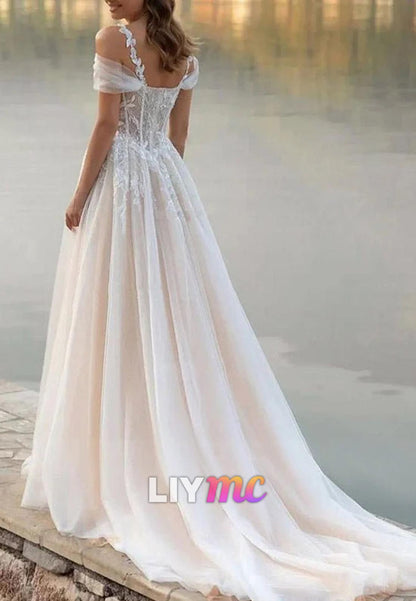 A-Line Off-Shoulder Appliques Tulle Wedding Dress