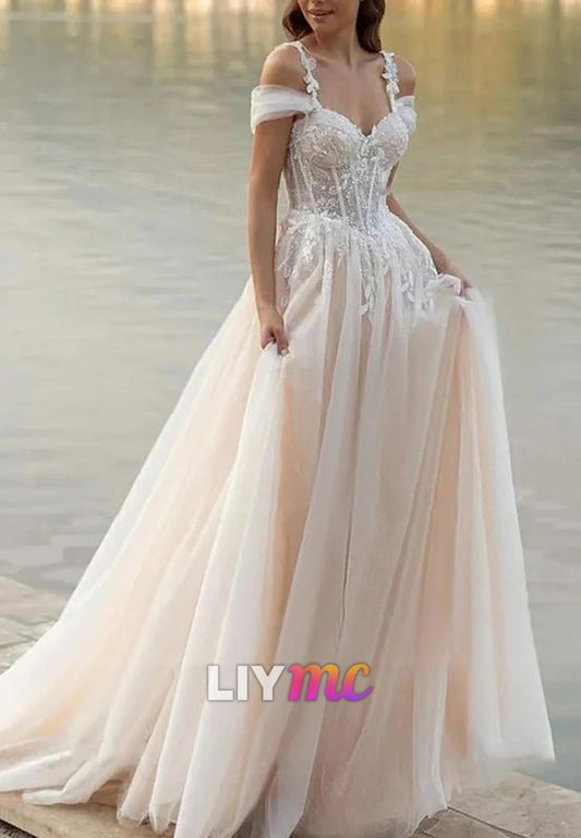 A-Line Off-Shoulder Appliques Tulle Wedding Dress