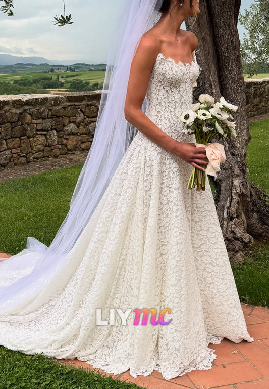 A-Line Off-Shoulder Full Lace Appliques A-Line Wedding Dress