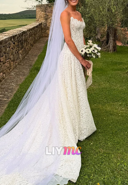 A-Line Off-Shoulder Full Lace Appliques A-Line Wedding Dress