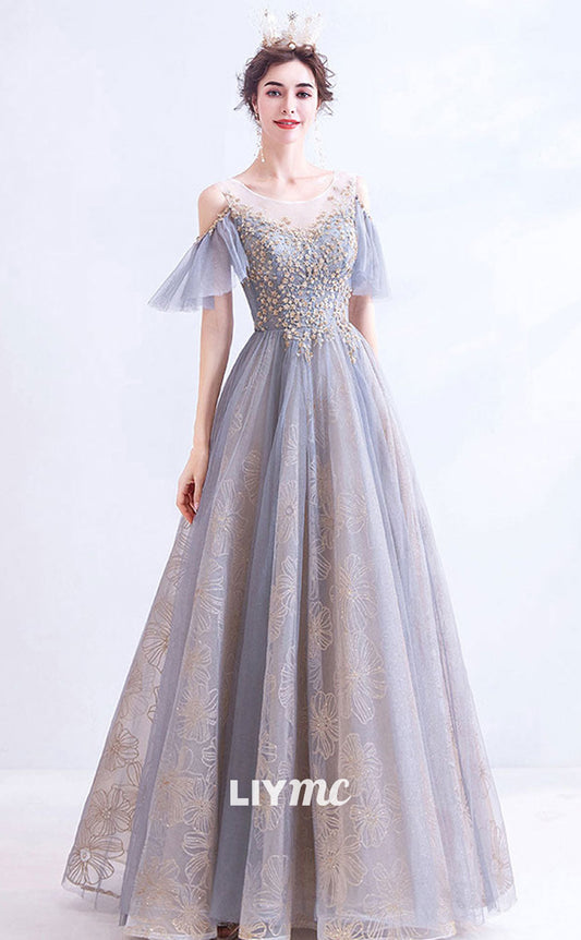 LP1887 - A-Line Scoop Neckline Gray Long Prom Dress, Tulle Lace Evening Dresses