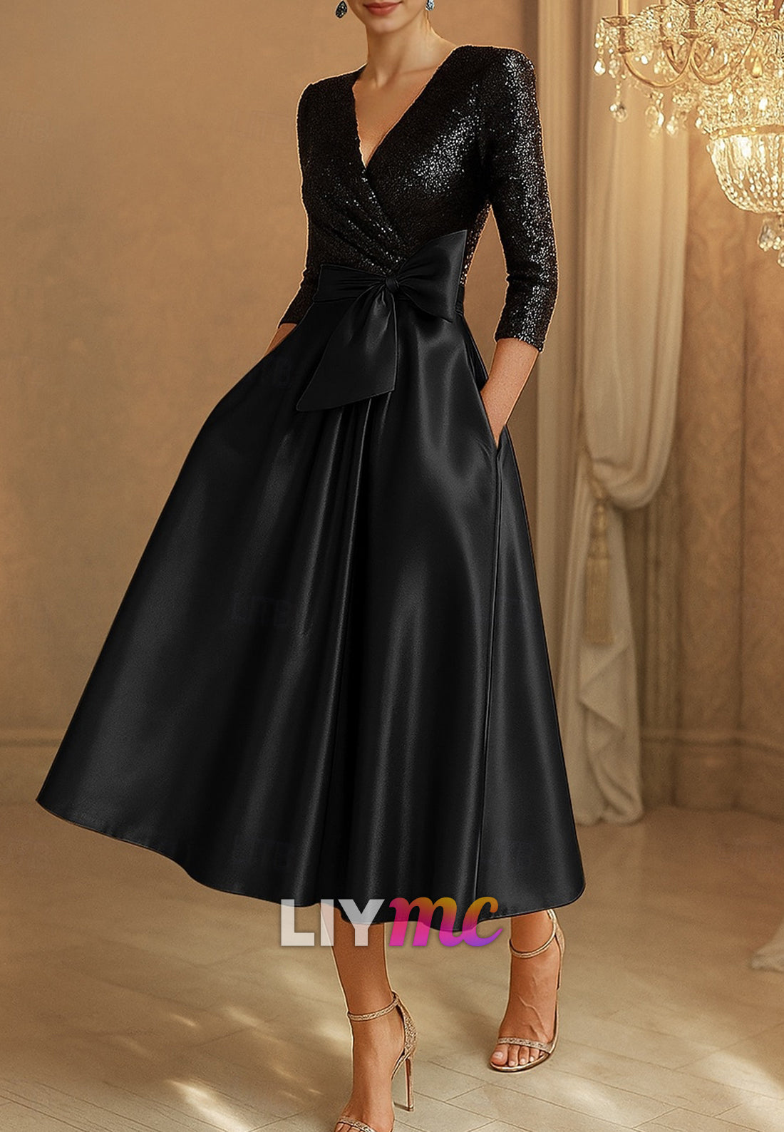 A-Line Sequin Cocktail Dresses Elegant Dress Formal Wedding Tea Length V Neck Stretch Satin with Bow