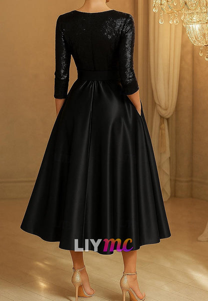 A-Line Sequin Cocktail Dresses Elegant Dress Formal Wedding Tea Length V Neck Stretch Satin with Bow