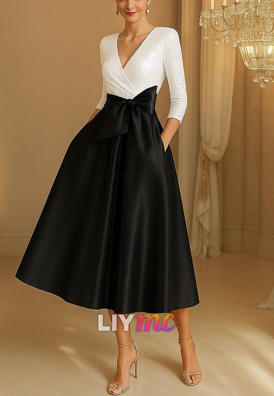 A-Line Sequin Cocktail Dresses Elegant Dress Formal Wedding Tea Length V Neck Stretch Satin with Bow