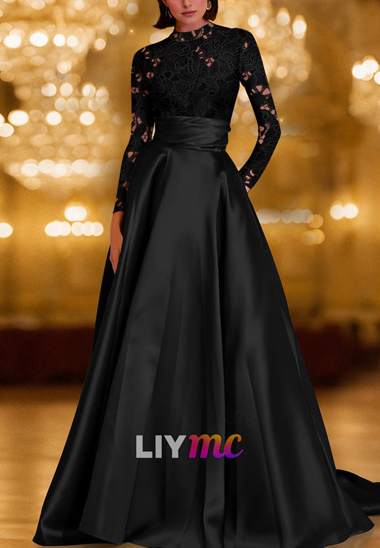 A-Line Sweep Brush Train Evening Gown Ball Gown Formal Dress Elegant Glittering Silky Long Sleeve