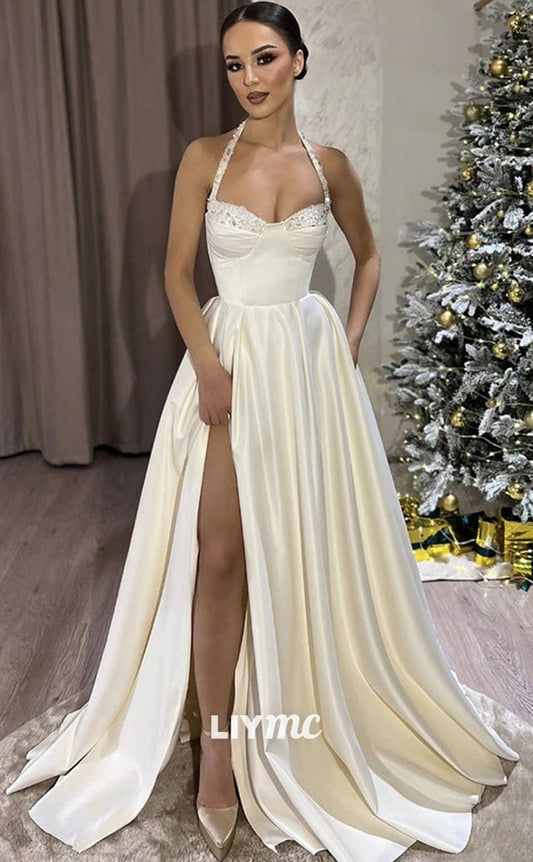 LP1901 - A-Line Sweetheart Neck Satin Beads Beige Long Prom Dress, Beige Long Evening Dress