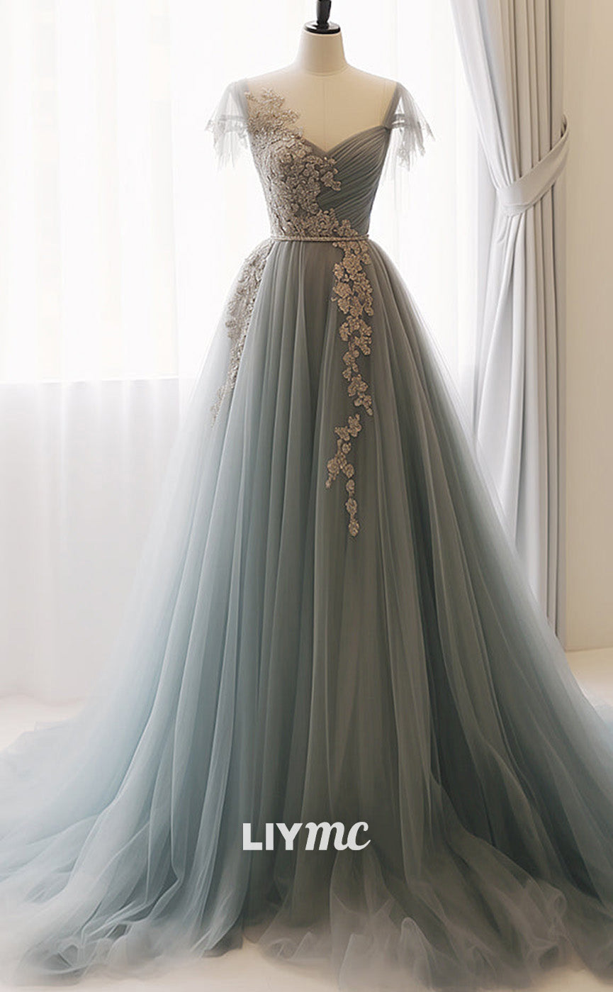 LP1921 - A-Line Sweetheart Neck Tulle Lace Gray Blue Long Prom Dress,   Liymc