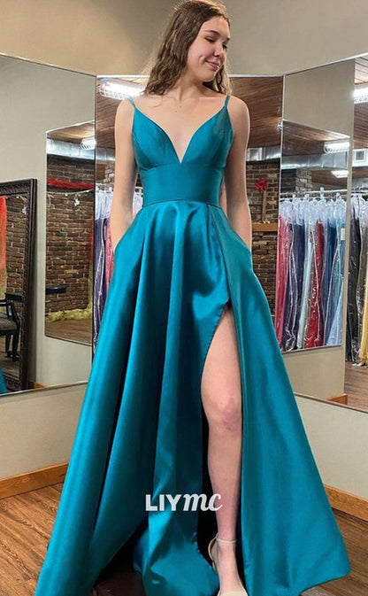 LP1874 - A-line V Neck Sleeveless Satin LongFloor-Length Prom Dress With Pockets Split