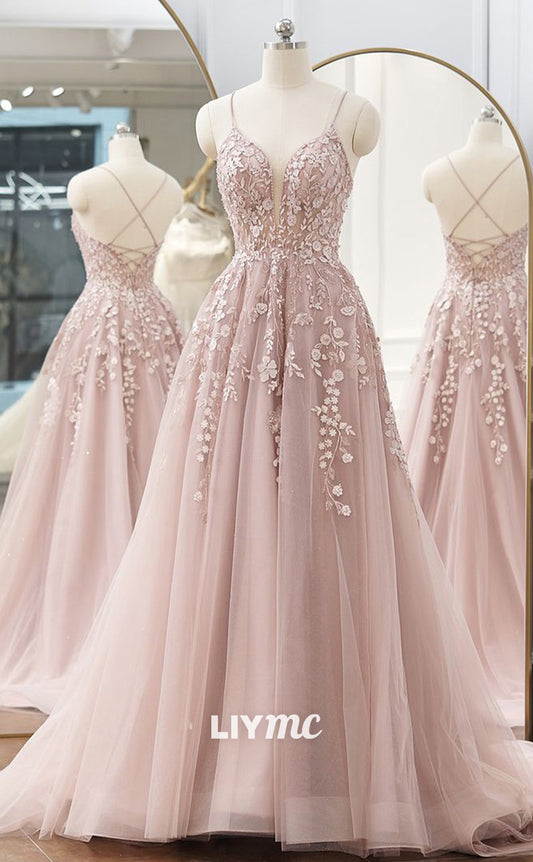 LP1870 - A-line V Neck Spaghetti Straps Sweep Train Tulle Prom Dress With Appliqued Beading