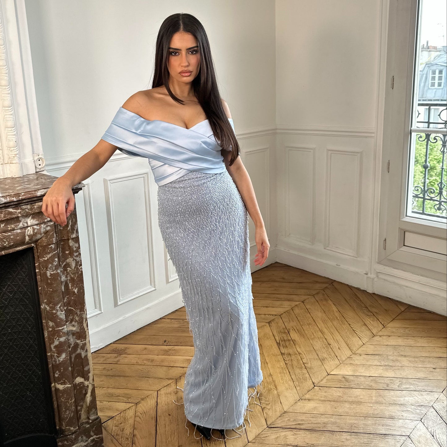 Off-Shoulder Beaded Embroidery Sheath Evening Dress