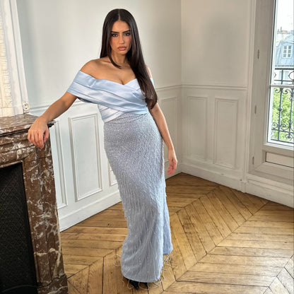 Off-Shoulder Beaded Embroidery Sheath Evening Dress