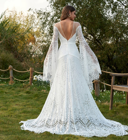 Women's Wedding Dresses Boho for Bride Long Sleeves Plus Size Lace Beach Bridal Gowns