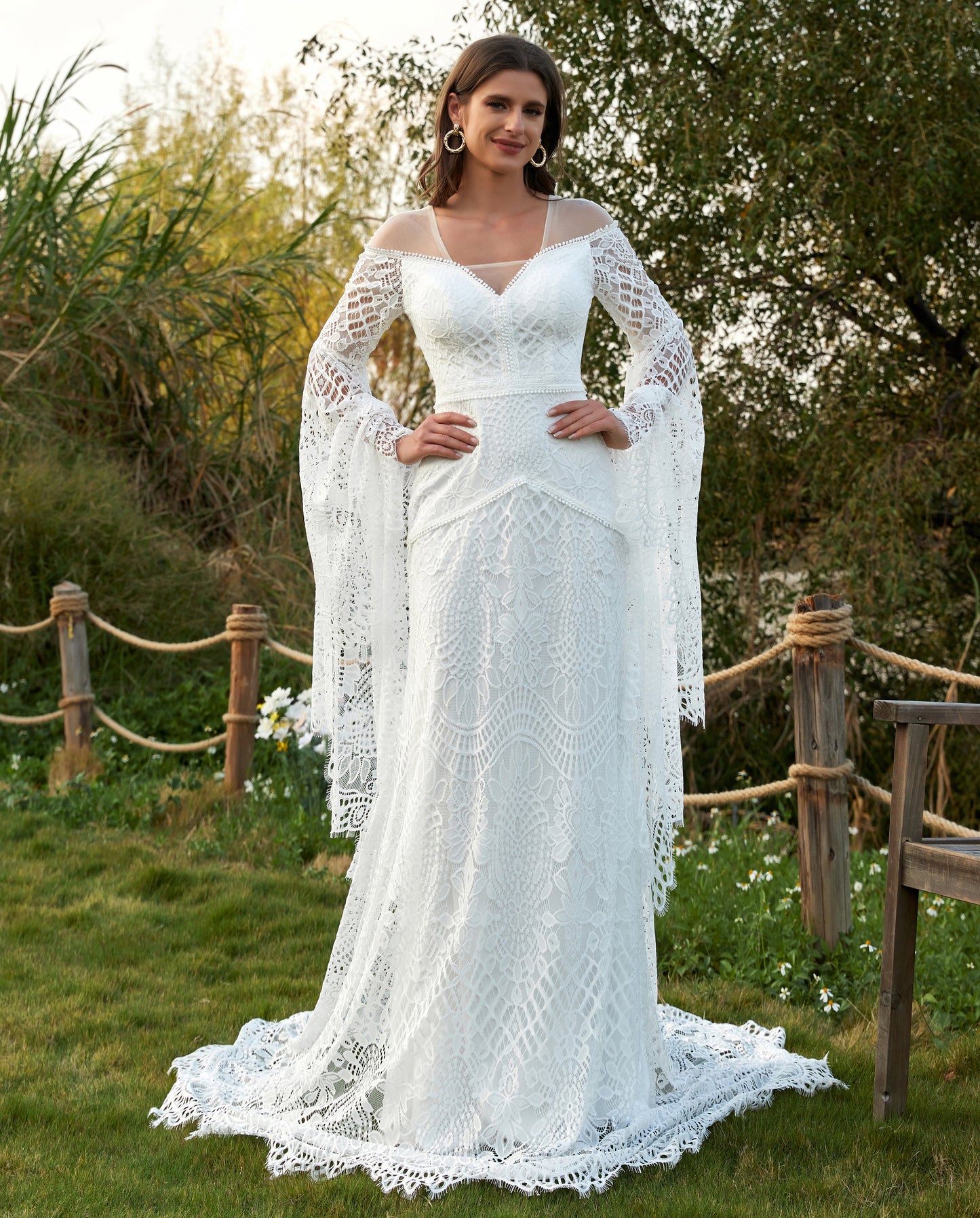 Women's Wedding Dresses Boho for Bride Long Sleeves Plus Size Lace Beach Bridal Gowns