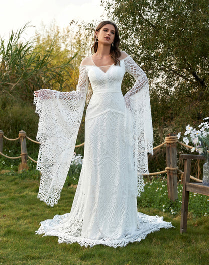 Women's Wedding Dresses Boho for Bride Long Sleeves Plus Size Lace Beach Bridal Gowns