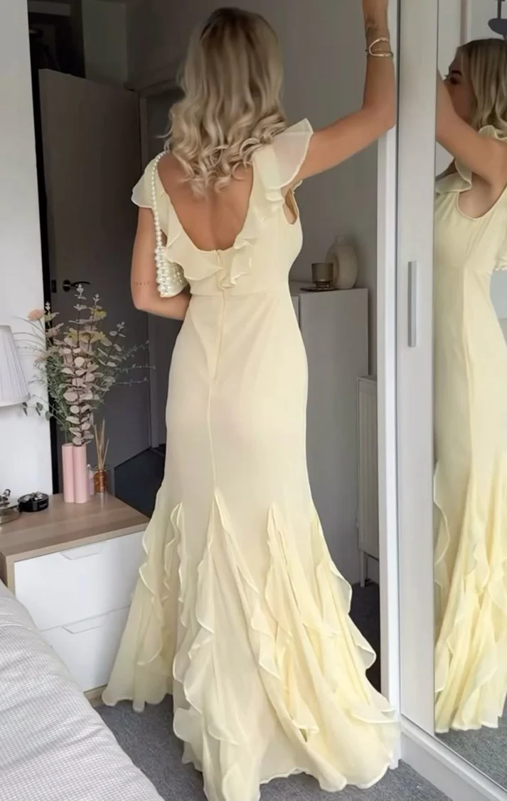 Elegant Yellow Chiffon Mermaid Ruffle Evening Dress,Long Evening Gown