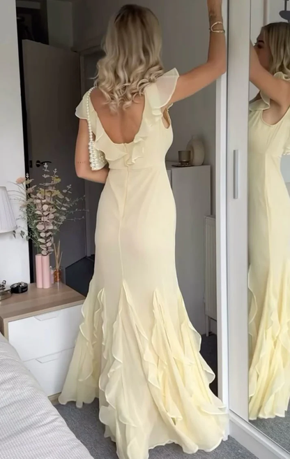 Elegant Yellow Chiffon Mermaid Ruffle Evening Dress,Long Evening Gown