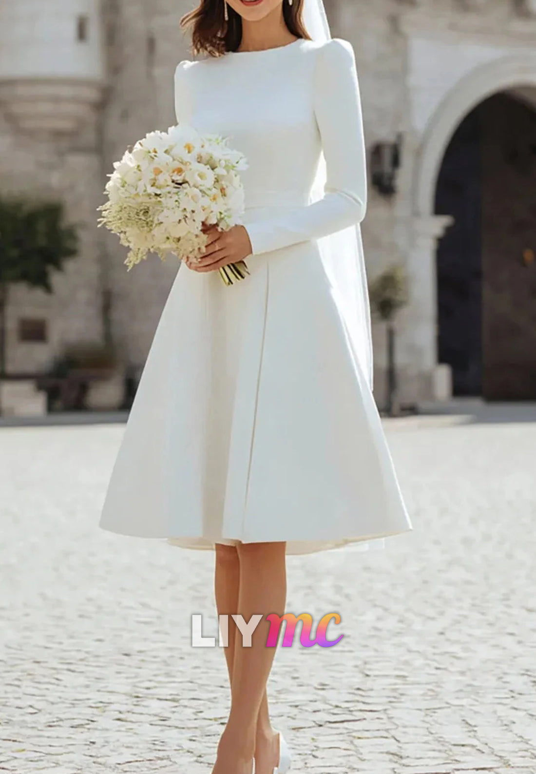 A Line Long Sleeve Wedding Dress Crew Neck Satin Tea Length Bridal Gown