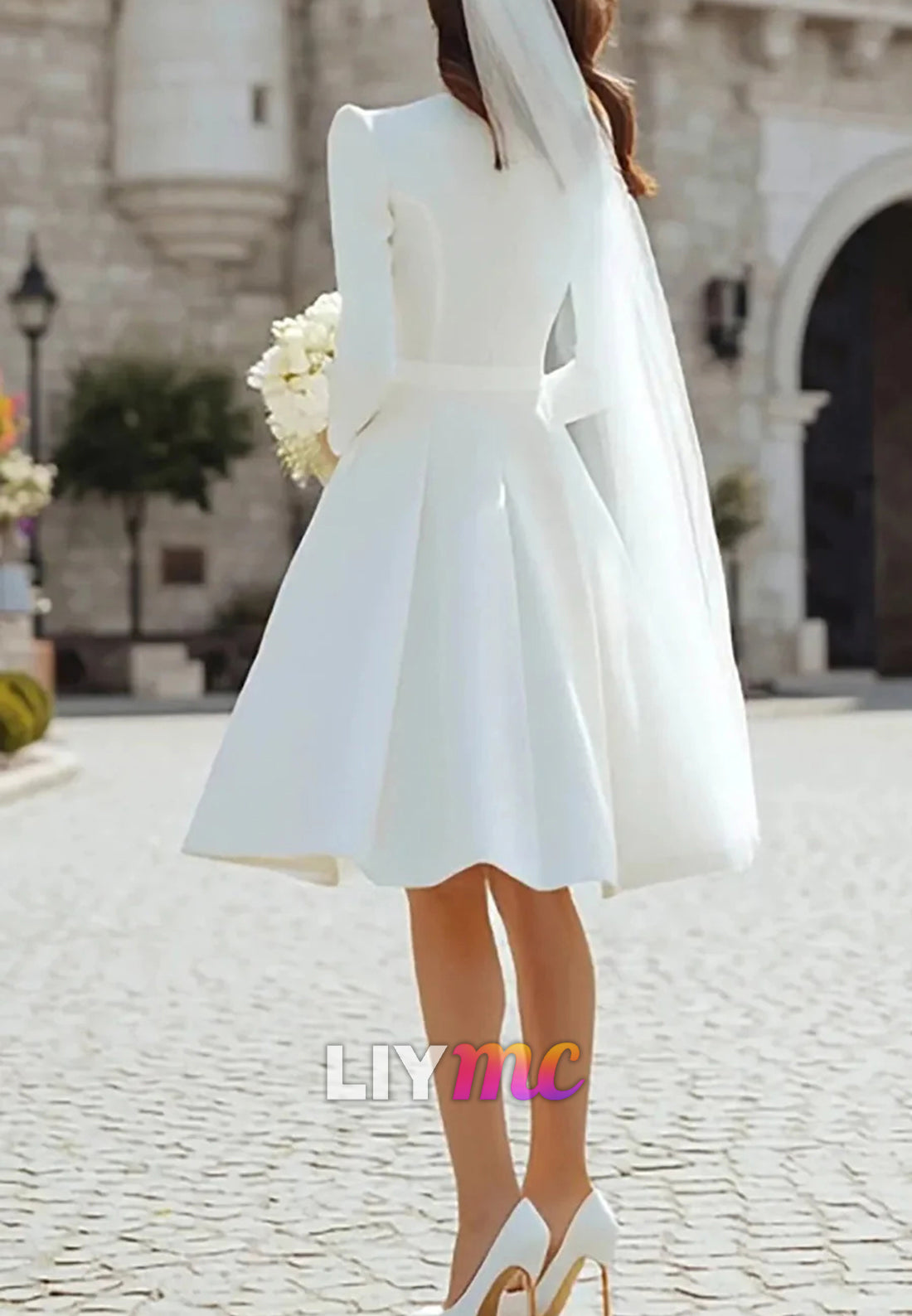A Line Long Sleeve Wedding Dress Crew Neck Satin Tea Length Bridal Gown