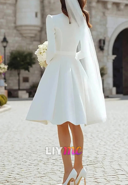 A Line Long Sleeve Wedding Dress Crew Neck Satin Tea Length Bridal Gown