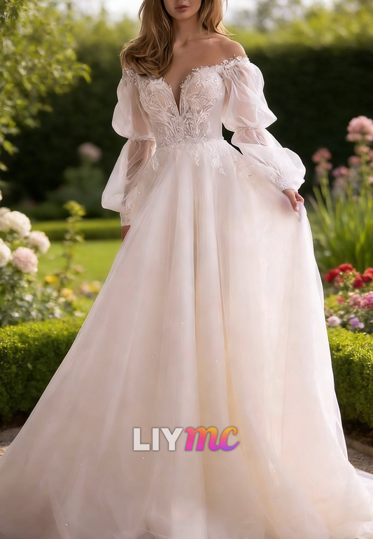 A Line Wedding Dress Long Sleeve Off the Shoulder Bridal Gown With Lace Applique