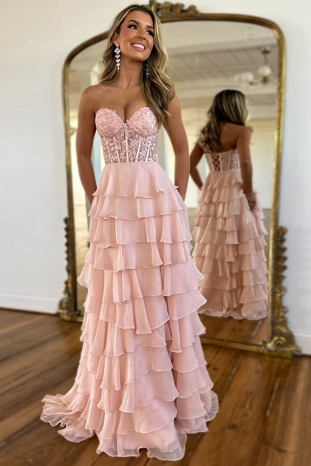 LP1787 - Semi-Sweetheart Strapless Appliques Tiered A-Line Prom Dress