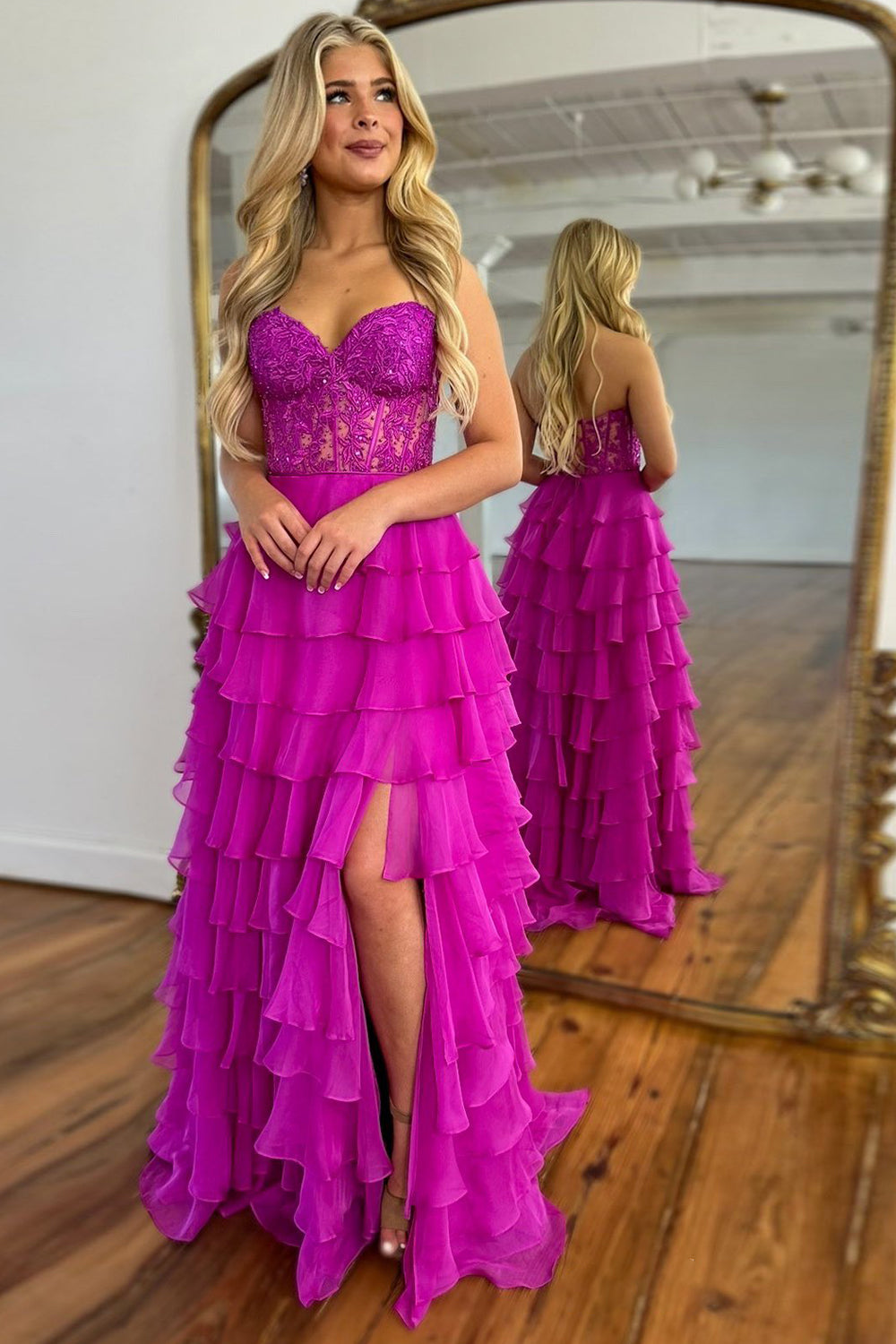 LP1787 - Semi-Sweetheart Strapless Appliques Tiered A-Line Prom Dress